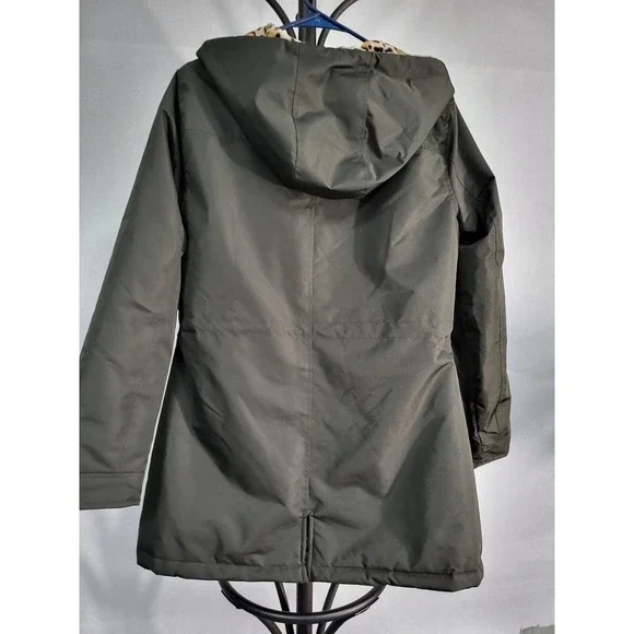 Yoki Olive‎ Green Anorak Jacket Leopard Faux Fur Lined Hooded Drawstring - Picture 11 of 11